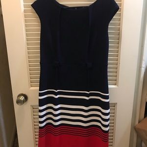 Blue dress with white and red stripes
